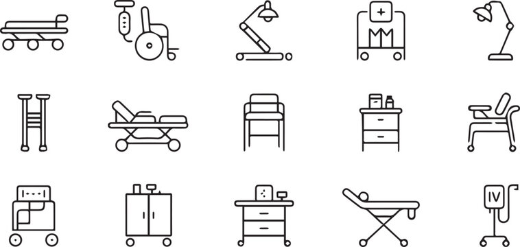 Medical equipment icons set with equipment wheelchair hospital stretcher
