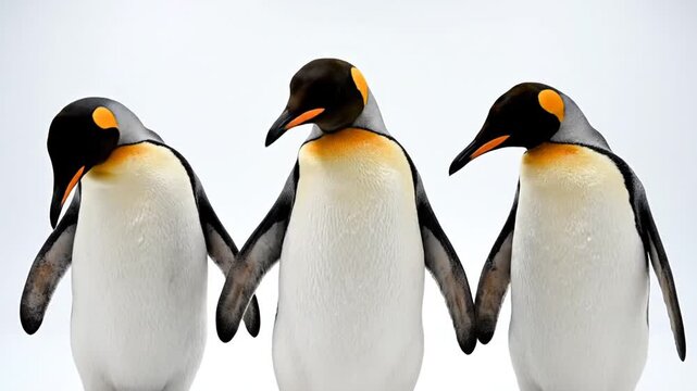 Three king penguins standing against a white studio background