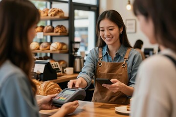 Naklejka premium Asian barista smiles accepting cashless payment via mobile phone at bakery counter. Customer taps phone on terminal, buying coffee and pastries. Small business owner uses pos system.
