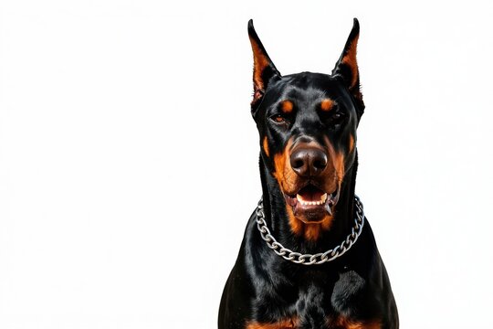 Serious doberman dog with pointy ears and metal collar looks directly. Black and tan purebred canine has open mouth showing teeth. Studio shot on white background.
