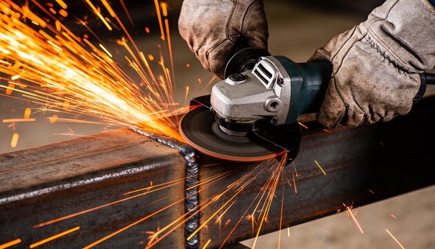 A person in work gloves uses an angle grinder to cut metal, generating a spectacular display of orange sparks.