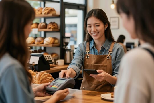Asian barista smiles accepting cashless payment via mobile phone at bakery counter. Customer taps phone on terminal, buying coffee and pastries. Small business owner uses pos system.