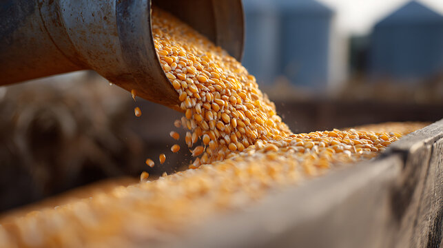 Golden yellow corn kernels pour from a metal chute into a rustic wooden trough, illustrating agricultural abundance and harvest operations