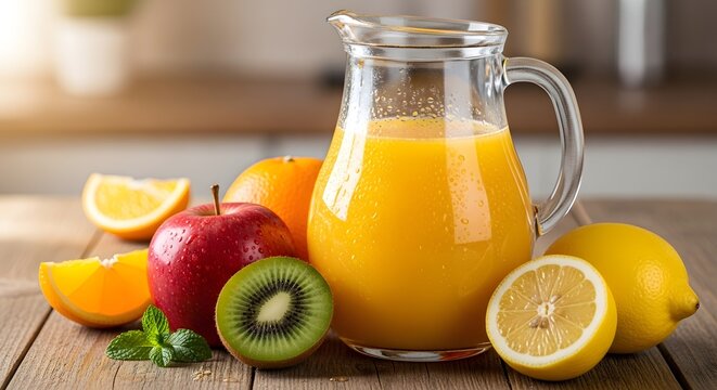 Fresh fruit juice pitcher with oranges and kiwi