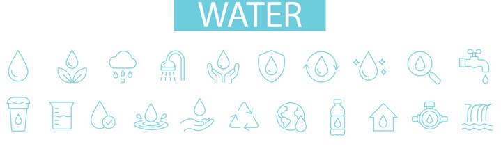 Fototapeta premium Water conservation outline icon set: editable stroke, thin line symbols for eco awareness 