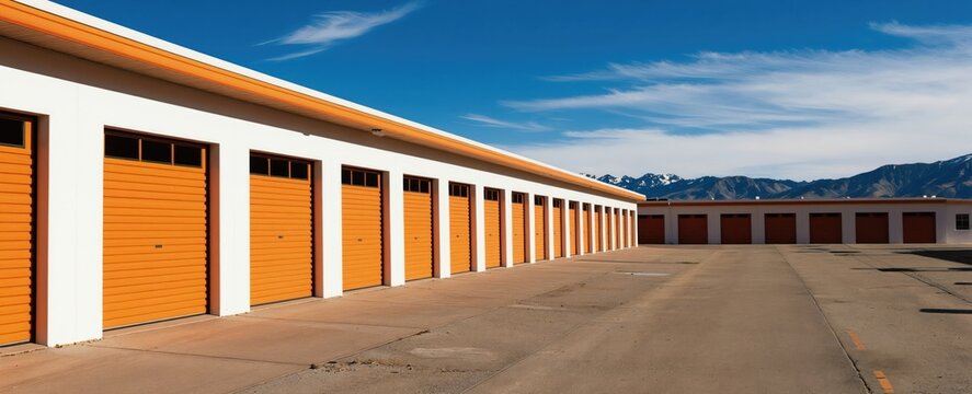 Self storage units with bright orange doors. White building facade has multiple garage style doors. Wide paved outdoor area leads to rows of rental spaces.