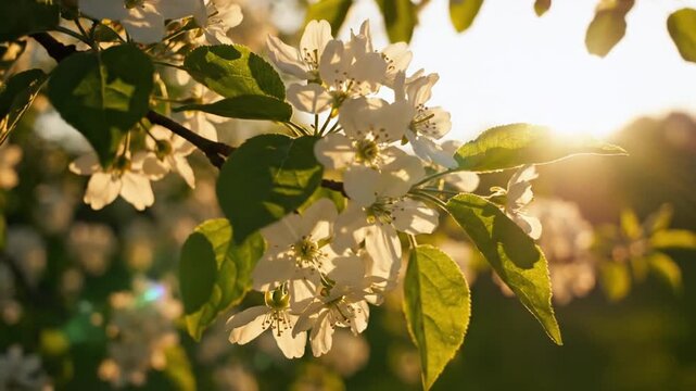 White apple blossoms on branch in golden sunset light