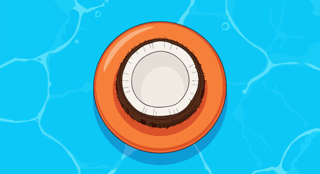 Coconut half floating on an orange inflatable ring in blue water.