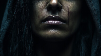 Fototapeta premium Close-up of a person's face in the rain with visible sweat or water droplets