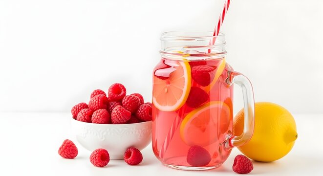 Raspberry lemonade in a mason jar with fresh raspberries