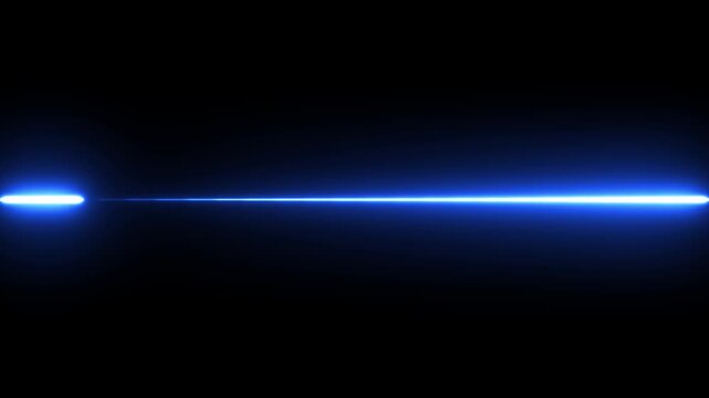 Abstract dynamic blue neon laser beam moving left to right and reflecting back and forth across black background.