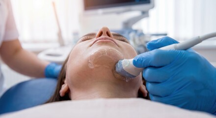 Fototapeta premium Cosmetic ultrasound treatment on patient's jawline