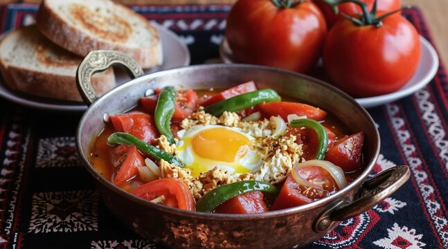 Scrambled egg dish menemen with tomatoes peppers and onions in copper pan. Served with fresh bread slices. Traditional Turkish breakfast with rustic background.