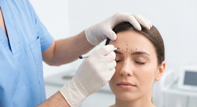Surgeon marking patient's forehead for cosmetic treatment
