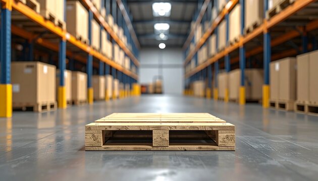 A single wooden pallet sits on the polished concrete floor of a vast warehouse storage facility with rows of shelving.