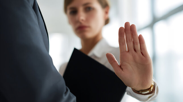 Assertive businesswoman show stop gesture to colleague, expressing refusal or setting boundaries in a professional office environment, convey strong message