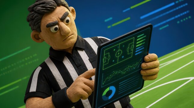 A Cinematic Tilted Dutch Angle Shot of a Focused Clay Referee Analyzing Football Statistics on a Digital Tablet in a Sports Stadium Environment, Featuring Detailed Handcrafted Claymation Texture.