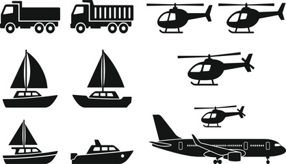 Transportation silhouette icon set with trucks helicopters sailboats yacht and passenger airplane for logistics travel design © MdSoriful