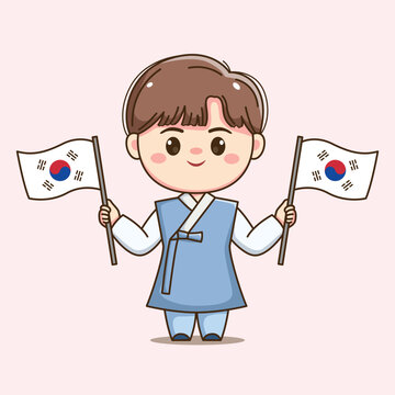Cute Korean Boy Character Wearing Traditional Hanbok Cartoon Vector Holding Korean Flag