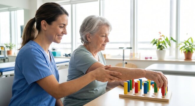 Occupational therapist guiding senior woman with pegboard rehab