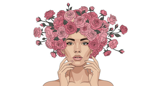 Portrait of a beautiful woman whose head is completely covered by a thick crown of blooming pink roses against a clean white background.