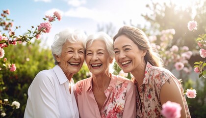 Fototapeta premium A cinematic wide-angle shot of three generations of women, grandmother, mother, and daughter, sharing a joyful moment in a lush, blooming spring garden.