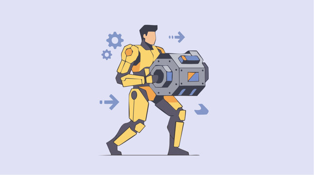Angular human figure wearing a yellow exoskeleton lifting a heavy industrial box.