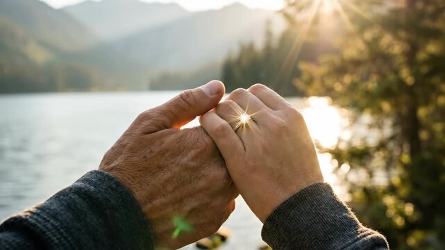 caucasian man and woman holding hands outdoors. focus on sparkling diamond engagement ring against blurred mountain lake background. romantic getaway, wedding planning concept, jewelry