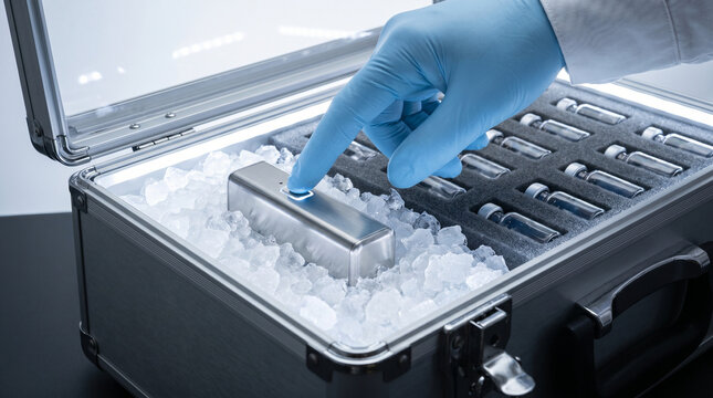 Stainless steel temperature data logger resting on a bed of crushed ice inside an open pharmaceutical cold chain shipment case, medical vial 2