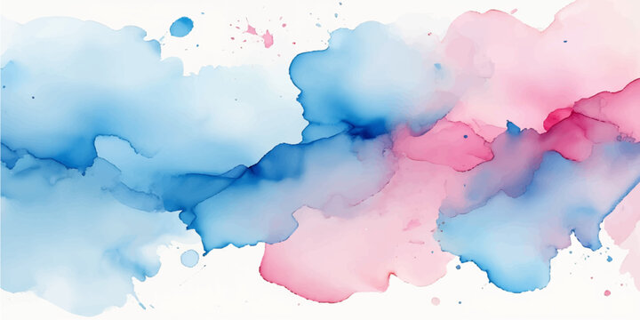 Abstract watercolor background with hand painted blue ink splashes on vintage paper texture creating a nature inspired sky and cloud design pattern