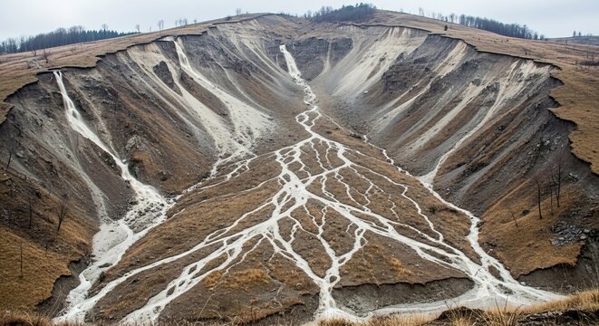 Deforested mountain slope with erosion gullies and barren landscape under cloudy sky