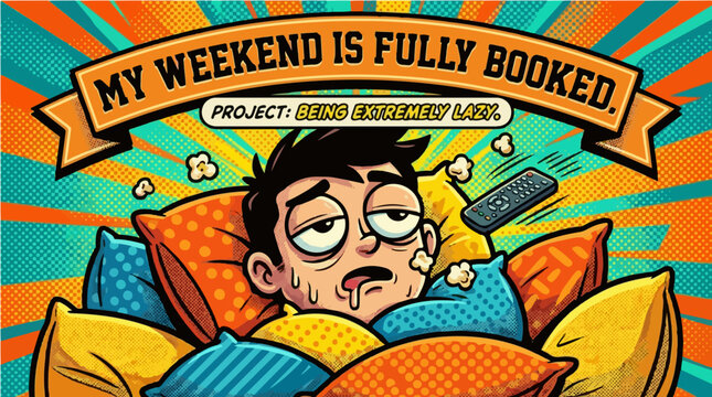 Man Relaxing in Pillows with Popcorn and Remote - My Weekend is Fully Booked Concept Art