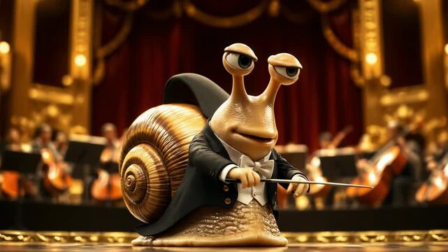 A whimsical snail conductor in a formal tuxedo and bowtie gracefully waving a baton to lead an orchestra on a grand theater stage, capturing a charming performance.