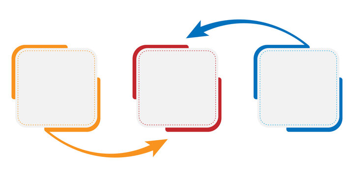 Three interconnected square shapes with directional arrows for business process flow chart design set.