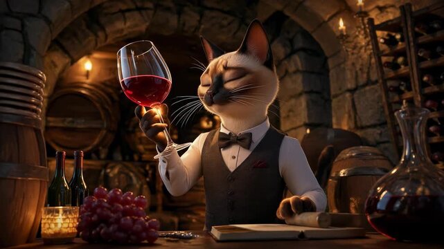 A sophisticated Siamese cat dressed in a formal vest and bowtie, swirling a glass of red wine within a rustic stone wine cellar, showcasing a refined and humorous character animation.