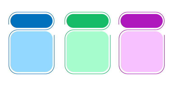 Three vertical document or content placeholders with colorful headers for organized data display set.