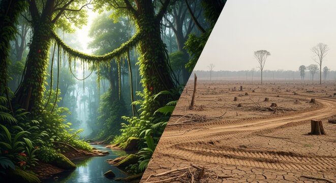 Split image of lush forest with stream and barren deforested land with tire tracks