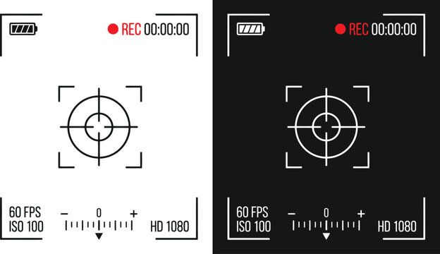 Photo or video camera viewfinder display screen frame, camera interface overlay shows information indicators, dark and light mode recording, frame from surveillance