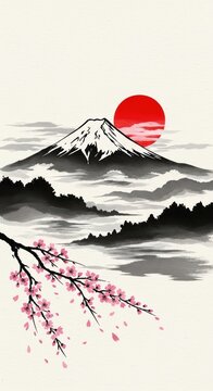 Mount Fuji landscape with cherry blossoms and red sun in traditional Japanese ink painting style perfect for cultural designs and travel themes