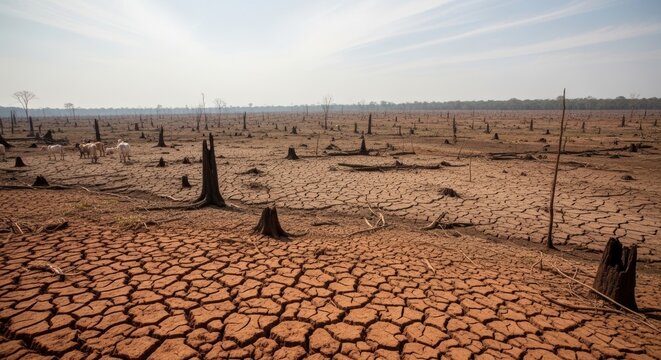 Barren landscape with cracked dry earth and tree stumps under a cloudy sky depicting severe drought and environmental damage