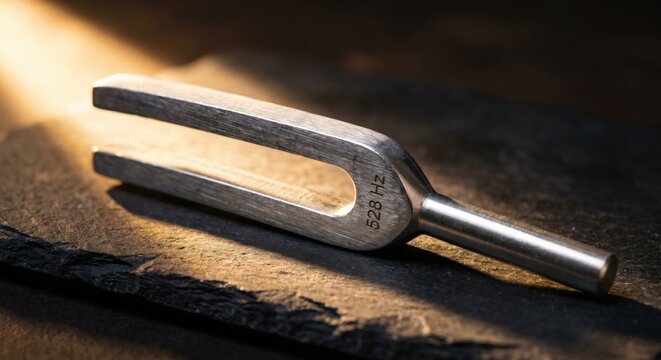 528 Hz tuning fork resting on dark slate surface