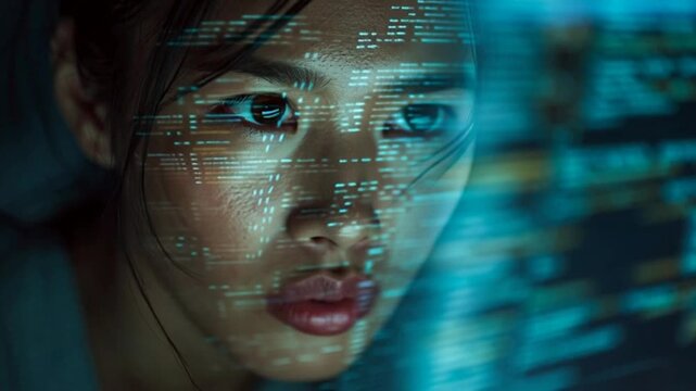 Woman face with futuristic digital interface.