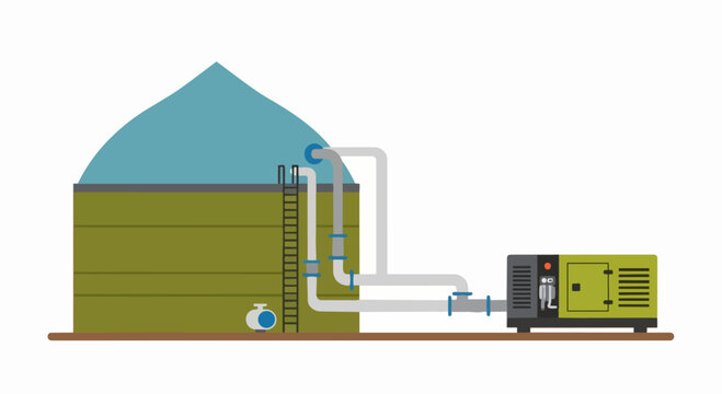 Biogas Plant Vector Illustration of Renewable Bioenergy System with Fermentation Tank and Generator for Sustainable Green Energy Production
