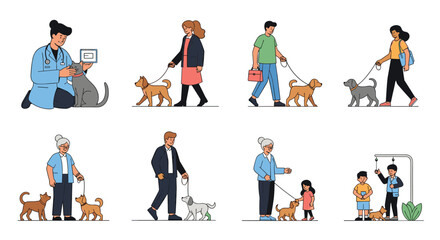 Fototapeta premium Collection of scenes showing people walking their dogs and a professional veterinarian providing care to a domestic grey cat.