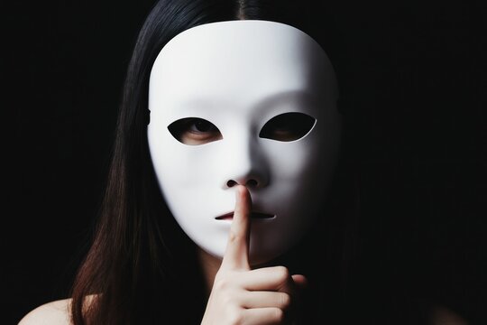 Woman in white mask makes hush gesture, dark background. Mysterious face hides identity, promotes silence. Secretive pose, unknown person, deep shadow.