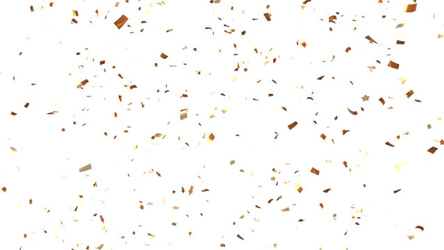 Gold confetti celebration 3d Rendering Transparent Confetti.	Gold Confetti against a White Background. Falling shiny gold confetti.  Holiday design elements.
