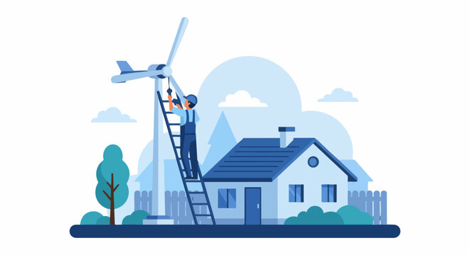 Technician Installing Wind Turbine for Eco-Friendly Residential Home Renewable Energy Concept Vector Illustration