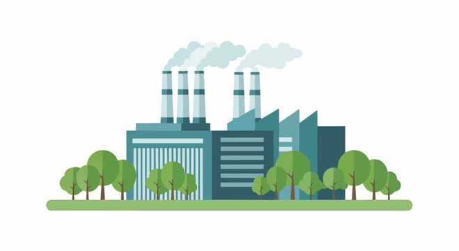 Industrial Factory Building with Smoke Stack Emissions and Green Trees Flat Vector Illustration, Concept of Environmental Pollution and Climate Change