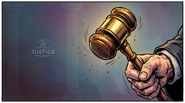 lawyer hammer comic style. International Criminal Justice day.