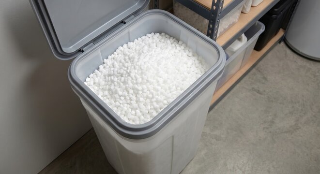 Modern water softener brine tank with white salt pellets